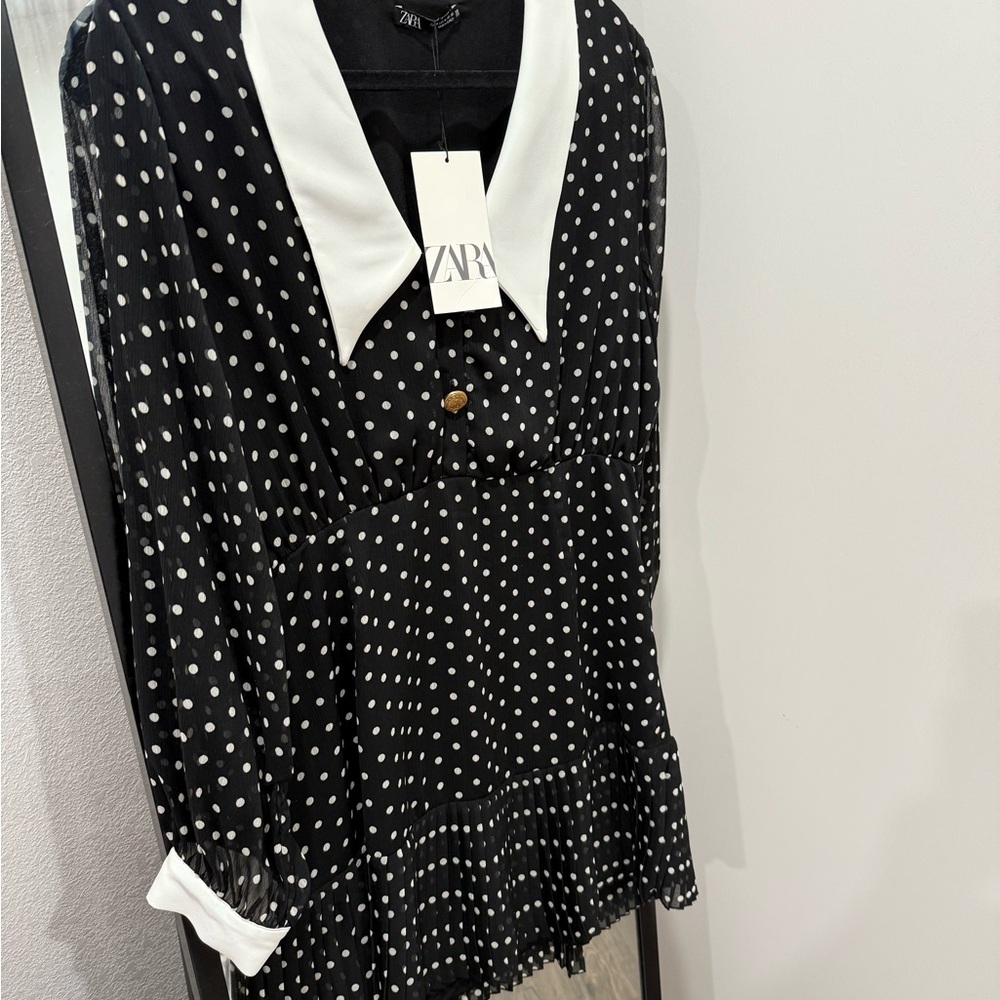 Zara Black Dress with White Polka Dots and Collar